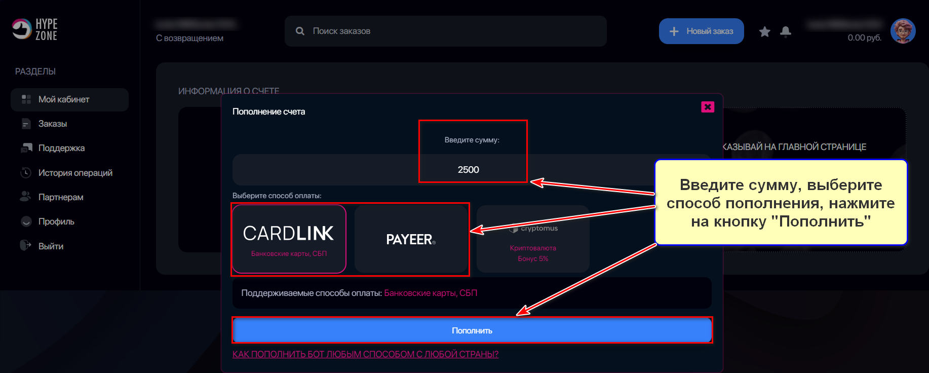 Пополнение счета в сервисе HypeZone