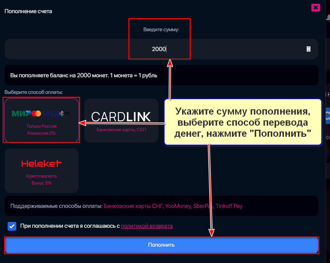 Пополнение баланса в сервисе продвижения HypeZone
