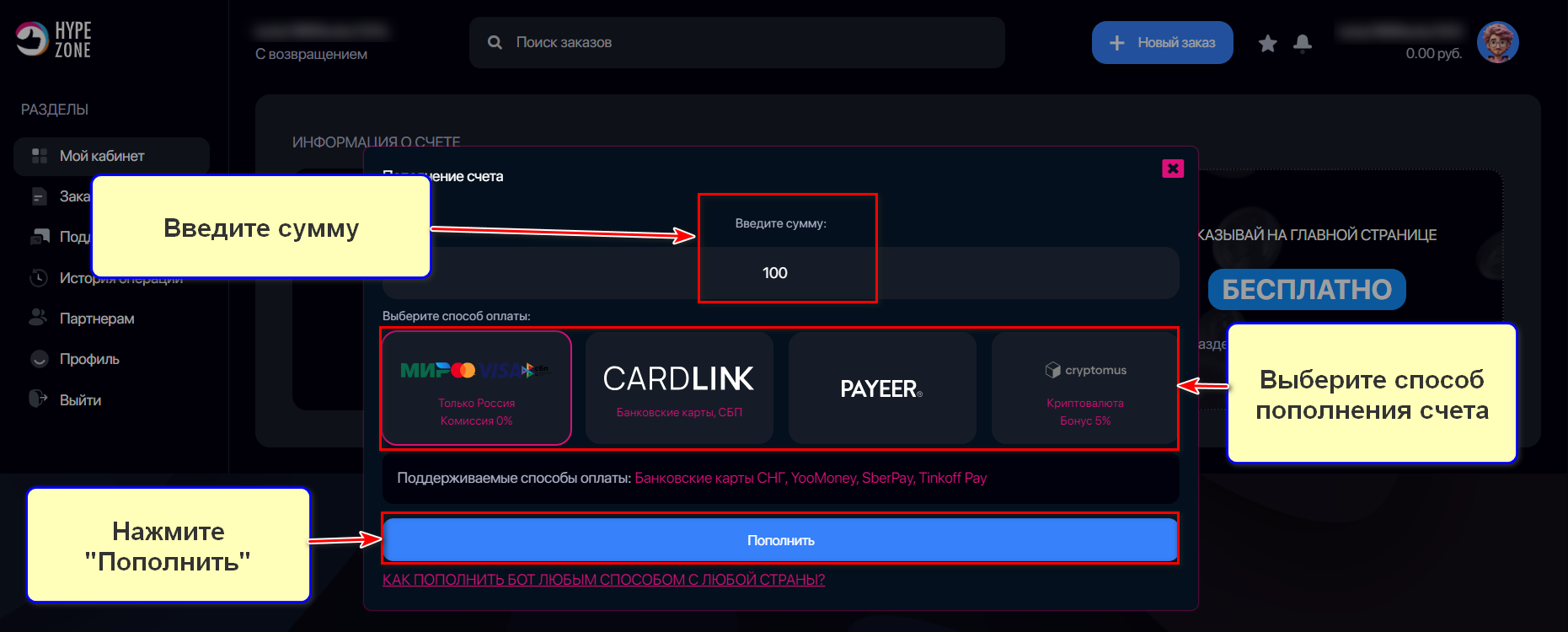 Пополнение баланса в сервисе HypeZone