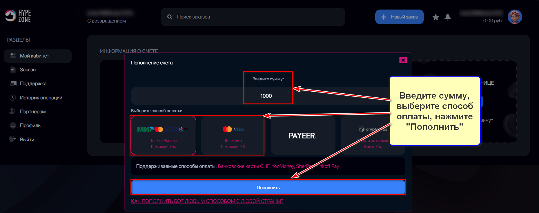 Пополнение баланса в сервисе продвижения HypeZone