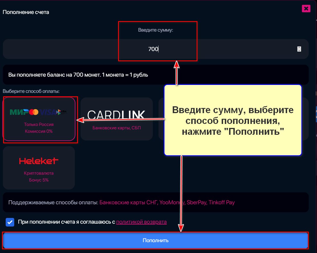 Пополнение счета в сервисе продвижения HypeZone