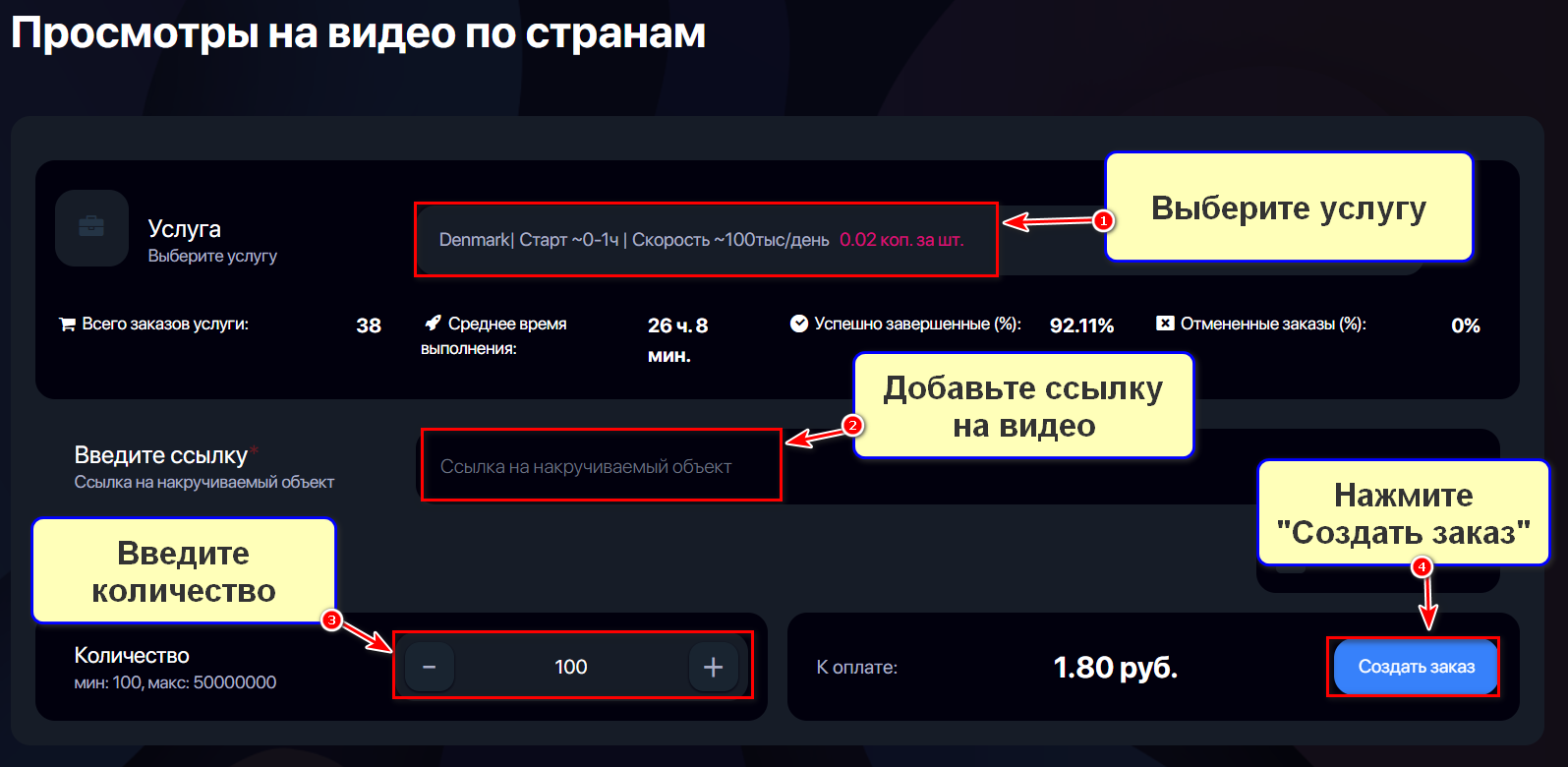 Оформление услуги Накрутка просмотров по странам на видео в Тик Токе в сервисе HypeZone