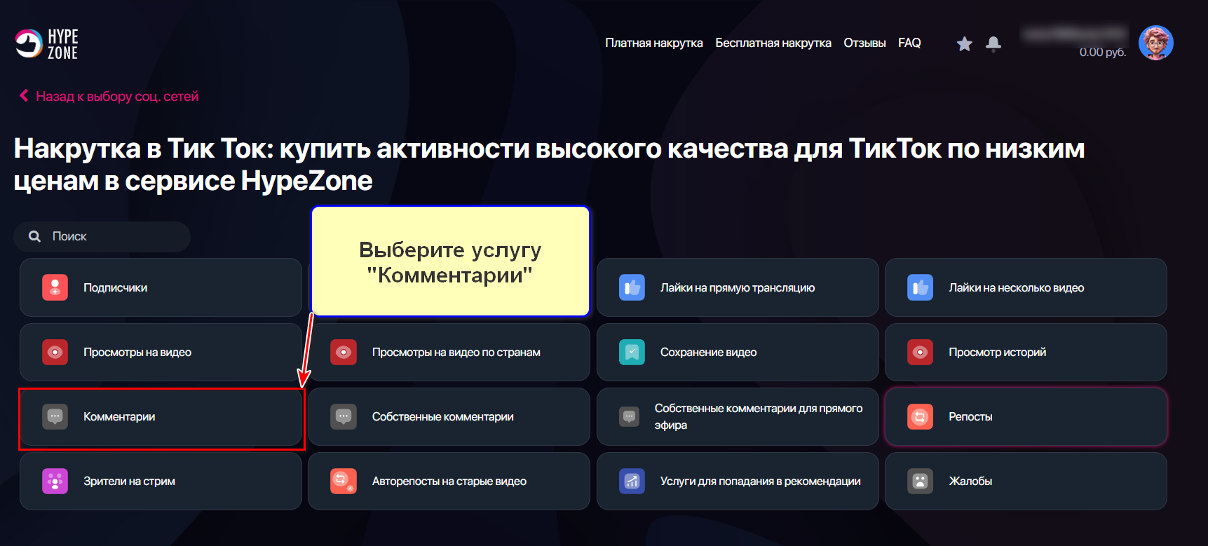 Выбор услуги Комментарии в Тик Ток в сервисе HypeZone