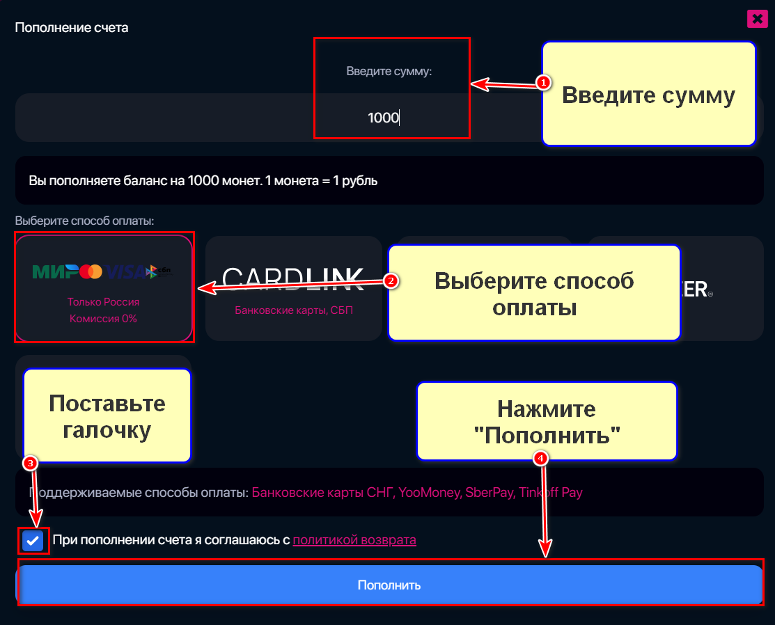Пополнение счета в сервисе продвижения HypeZone