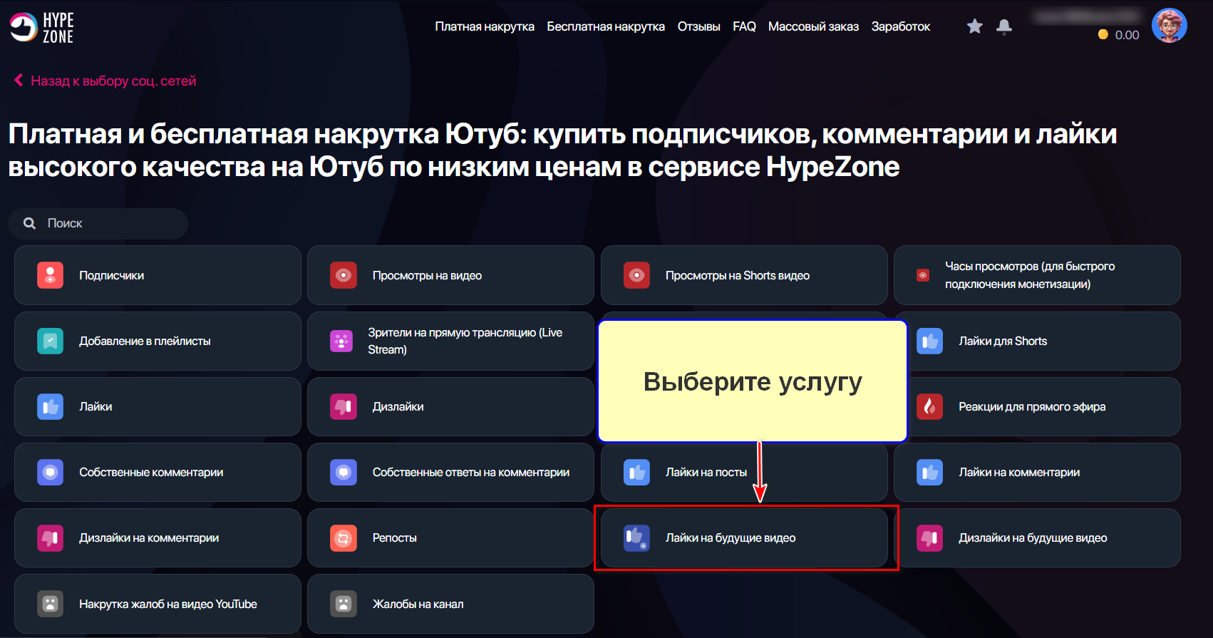 Выбор услуги Лайки на будущие видео