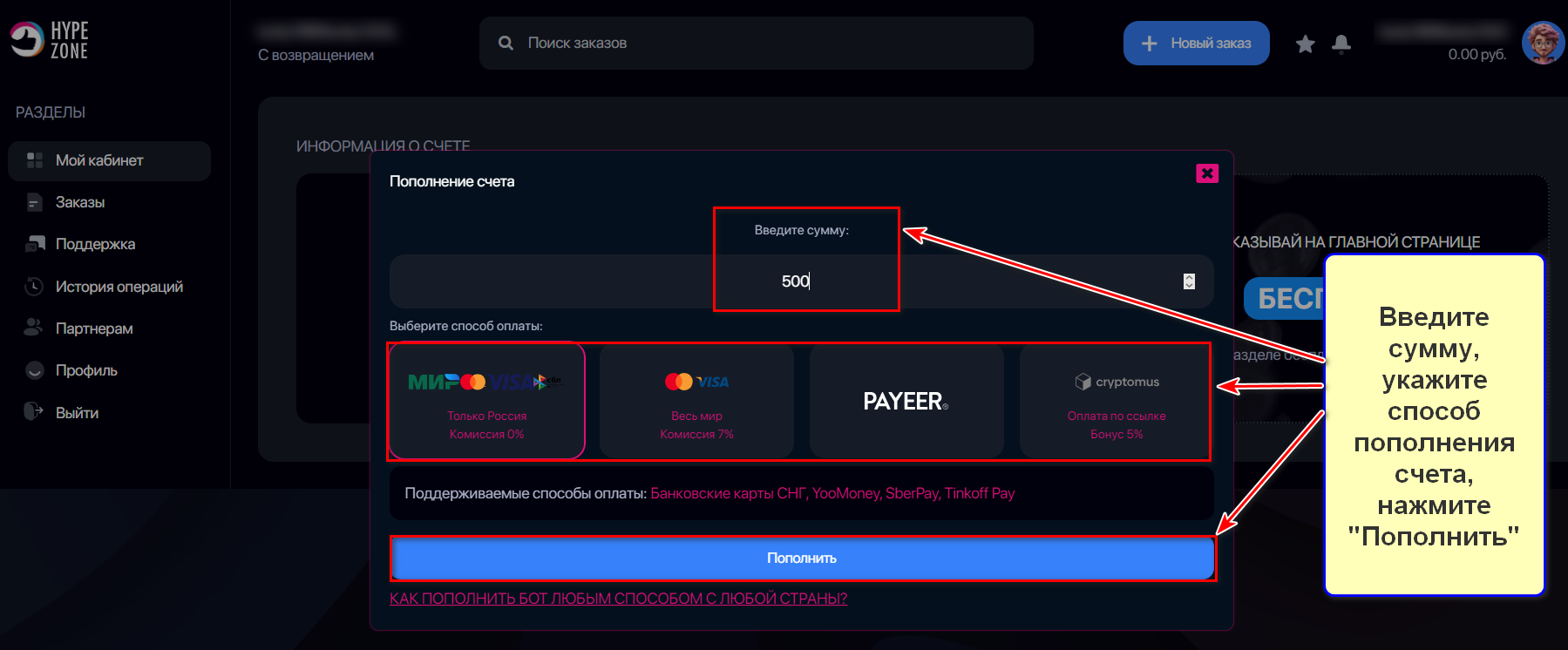 Пополнение баланса в HypeZone