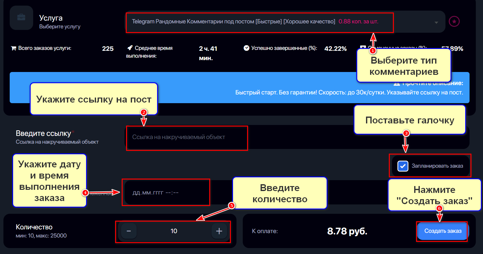 Оформление услуги Накрутка комментариев к постам в Телеграме