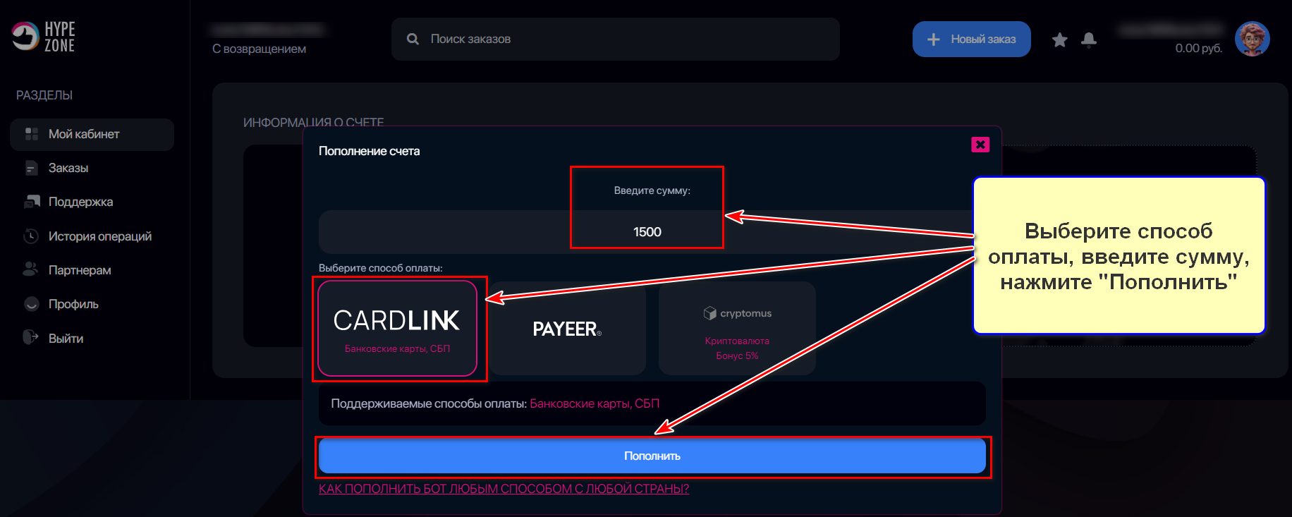 Пополнение баланса в сервисе HypeZone для заказа накрутки