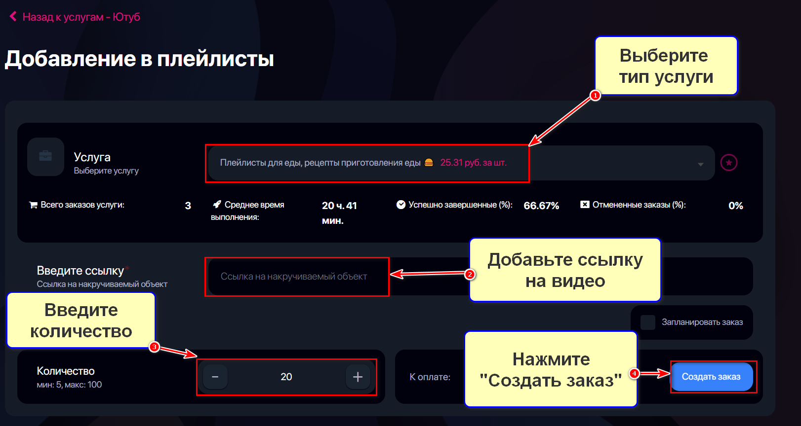 Оформление услуги Добавление в плейлисты на Ютуб в сервисе HypeZone
